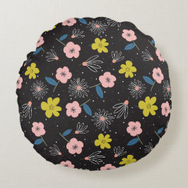 Einfache Schwarz-Rosa-Illustration Blumenmuster Rundes Kissen