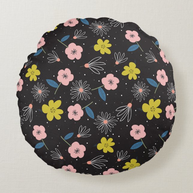Einfache Schwarz-Rosa-Illustration Blumenmuster Rundes Kissen (Vorderseite)