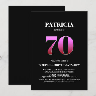 Einfache Schwarz-Rosa Überraschung 70. Geburtstag Einladung