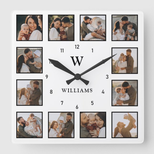Einfache Schwarz-Weiß 12-Foto Collage Erstname Quadratische Wanduhr (Vorderseite)