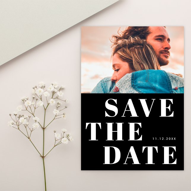 Einfache Schwarz/Weiß 1 Foto Minimalistische Hochz Save The Date (Front)
