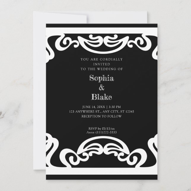 Einfache Schwarz-Weiß Art Déco Hochzeit Einladung (Vorderseite)