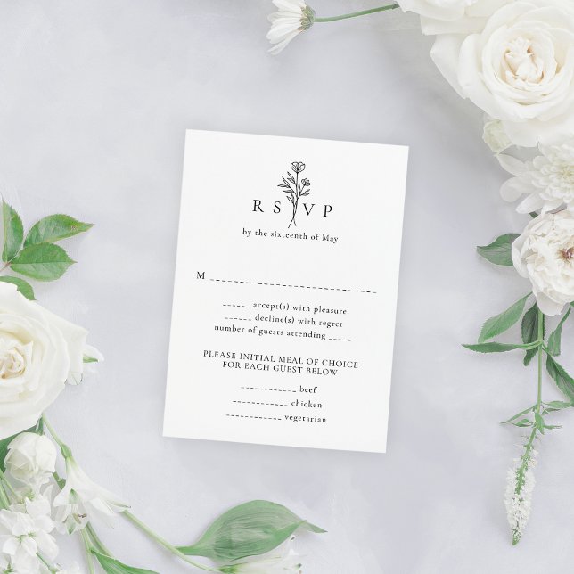 Einfache Schwarz-Weiß-Blütenhochzeit RSVP Karte (Von Creator hochgeladen)