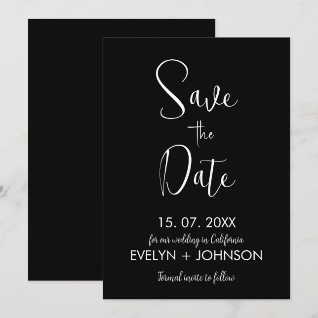 Einfache Schwarz/Weiß Elegant Minimalistisch Save The Date (Vorne/Hinten)