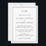 Einfache Schwarz-Weiß-Elegante Hochzeit-Empfang Einladung<br><div class="desc">Einfache Hochzeitsankündigung mit Empfang-Einladung in modernem und dennoch elegantem Design mit zwei Buchstaben Monogramm oben und Ihren Details umgeben von einem dünnen Rand. Der gesamte Text ist schwarz, auf weißem Hintergrund und die Rückseite schwarz. Die Schriftart und Hintergrundfarben können durch Anklicken des Buttons "Anpassen" in beliebig viele Farben geändert werden....</div>