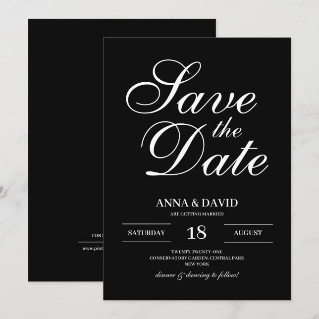 Einfache Schwarz-Weiß-Eleganz Save the Date Einladung (Vorne/Hinten)