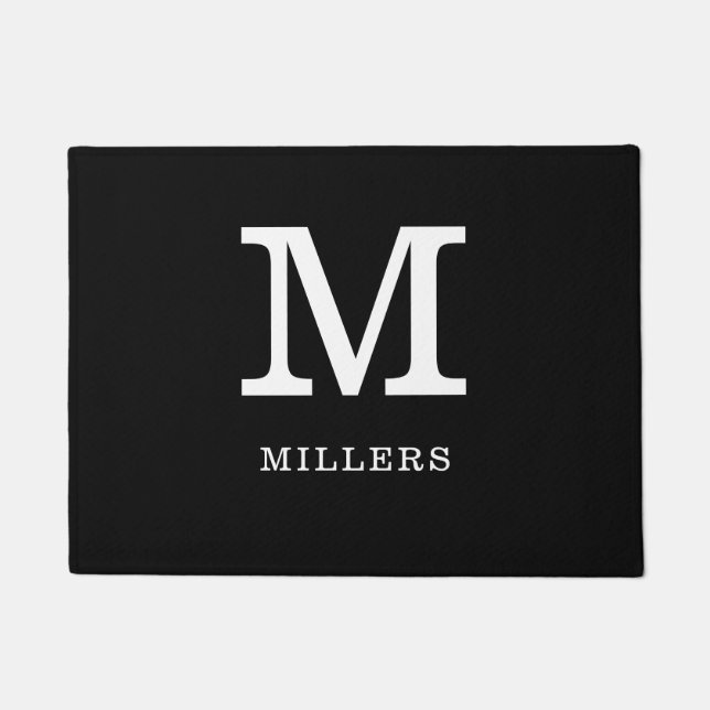 Einfache Schwarz-Weiß-Familienname Mit Monogramm Fußmatte (Vorderseite)
