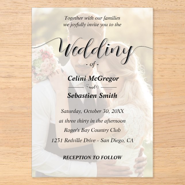 Einfache Schwarz-Weiß-Foto-Overlay-Hochzeit Acryleinladungen (Vorderseite)