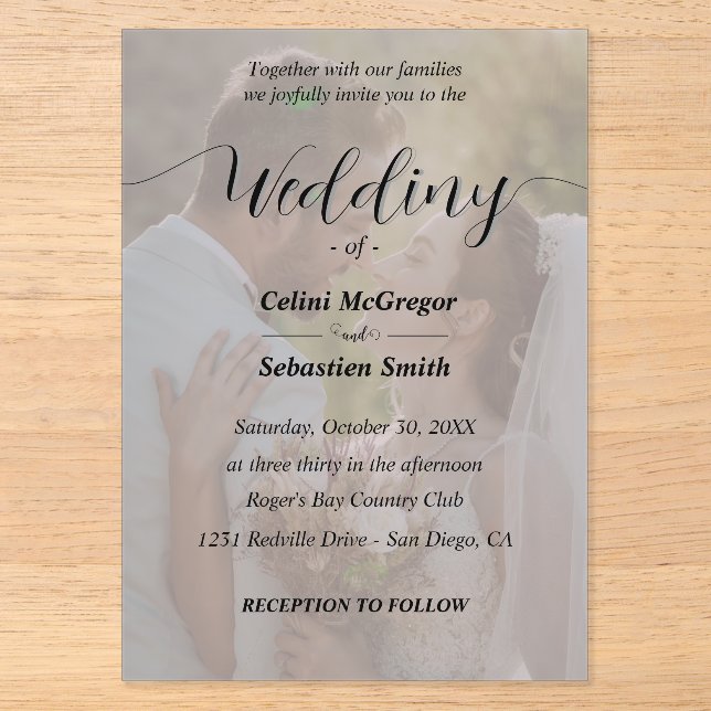 Einfache Schwarz-Weiß-Foto-Overlay-Hochzeit Acryleinladungen (Vorderseite)