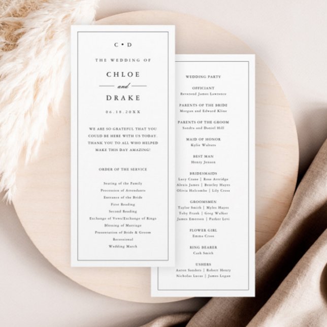 Einfache Schwarz-Weiß-Hochzeitfeier Programm (Simple Monogram Wedding Ceremony Program.)