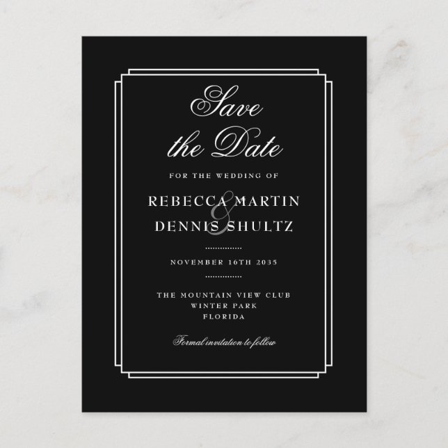 Einfache Schwarz-Weiß-Klassik-Deko Save the Date Ankündigungspostkarte (Vorderseite)