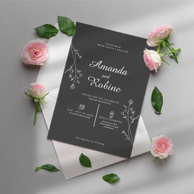 Einfache Schwarz-Weiß-Leaf-Einladung Einladung (Von Creator hochgeladen)