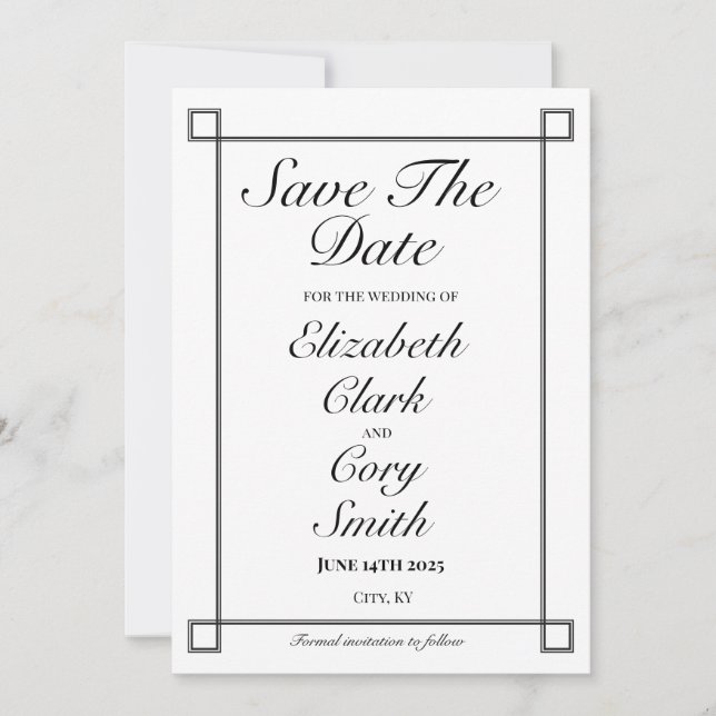 Einfache Schwarz-Weiß-Minimalistische Elegance Hoc Save The Date (Vorderseite)