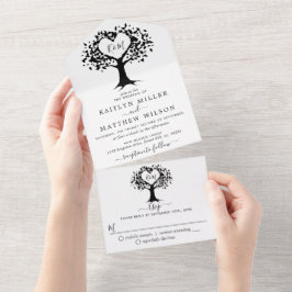 Einfache Schwarz-Weiß-Monogram-Herz-Hochzeit All In One Einladung