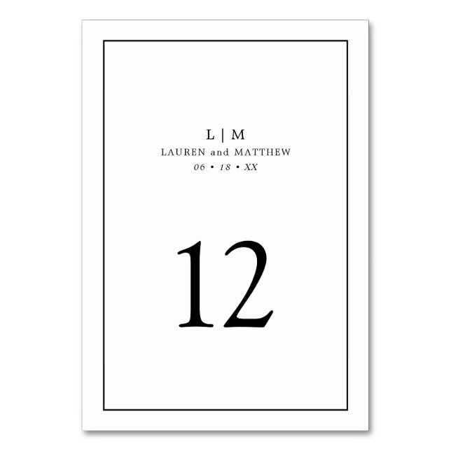 Einfache Schwarz-Weiß-Monogramm-Elegante Hochzeit Tischnummer (Vorderseite)