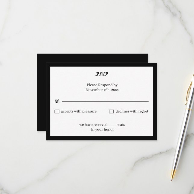 Einfache Schwarz-Weiß-Personalisierte Hochzeit RSVP Karte (Vorderseite/Rückseite Beispiel)