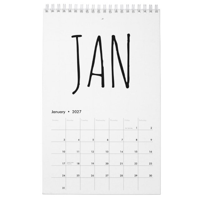 Einfache Schwarz-Weiß-Schrift Kalender (Jan 2027)