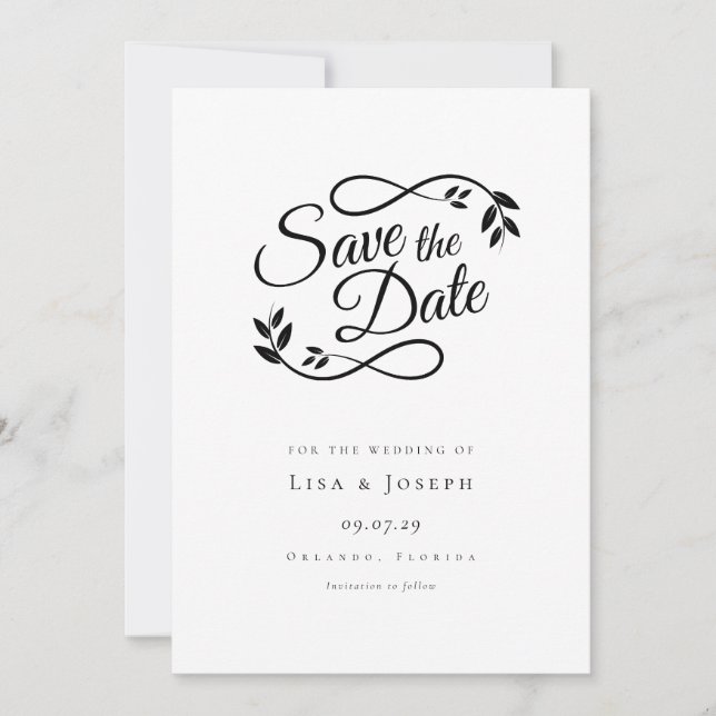 Einfache Schwarz-Weiß-Schrift Save The Date (Vorderseite)