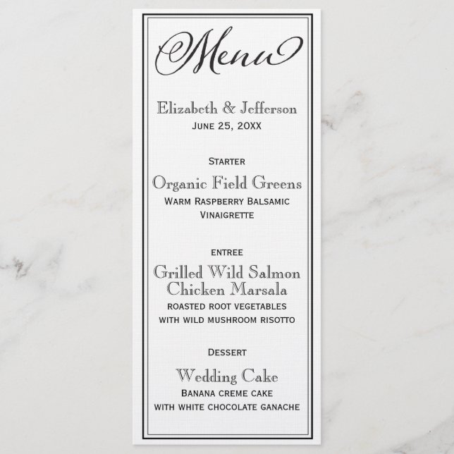 Einfache Schwarz-Weiß-Script-Hochzeitskarte Menükarte (Vorderseite)