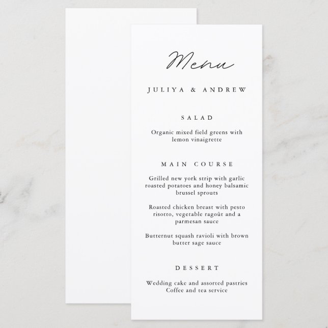 Einfache Schwarz-Weiß-Script-Karte für Hochzeitsme Menükarte (Vorne/Hinten)