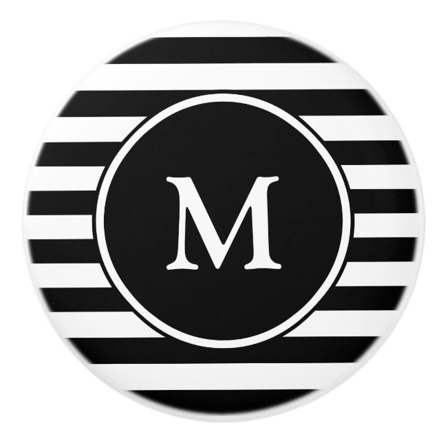 Einfache Schwarz-Weiß-Streifen mit Monogramm Keramikknauf (Vorderseite)
