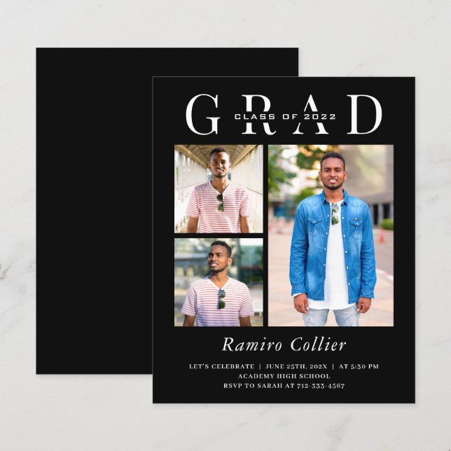 Einfache Schwarz-weiße 3-Foto-Abschluss-Feier (Vorne/Hinten)