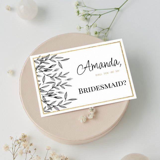 Einfache Schwarz-weiße Blattgold Einladung (Simple black white gold floral foliage Bridesmaid )