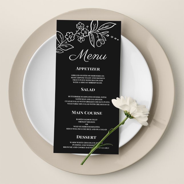 Einfache Schwarz-weiße Blumenkarte Programm (Simple elegant black white floral Wedding Menu)