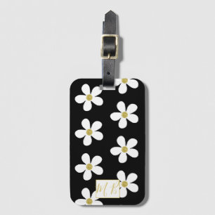 Einfache Schwarz-weiße Daisy Gold Monogram Travel Gepäckanhänger