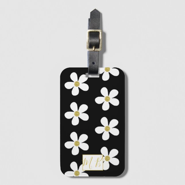 Einfache Schwarz-weiße Daisy Gold Monogram Travel Gepäckanhänger (Vorderseite Vertikal)