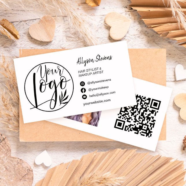 Einfache Schwarz-weiße Haarschminke Foto Logo qr Visitenkarte (Von Creator hochgeladen)
