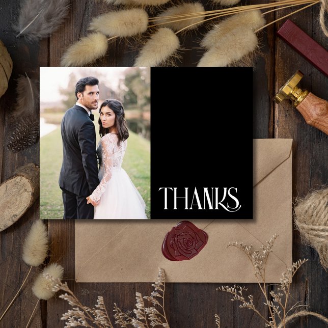 Einfache Schwarz-weiße Hochzeit Foto Vielen Dank Karte (Simple Black White Wedding Photo Thank You Card)