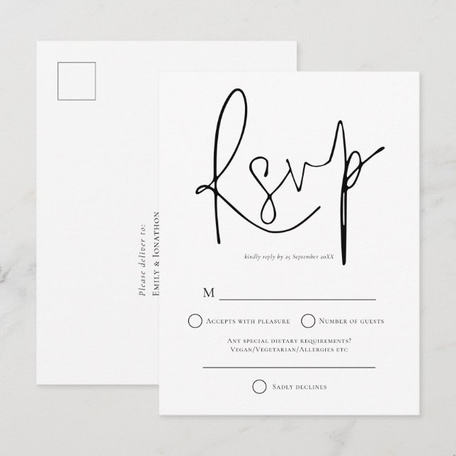 Einfache Schwarz-weiße Hochzeit RSVP Einladungspostkarte (Vorne/Hinten)