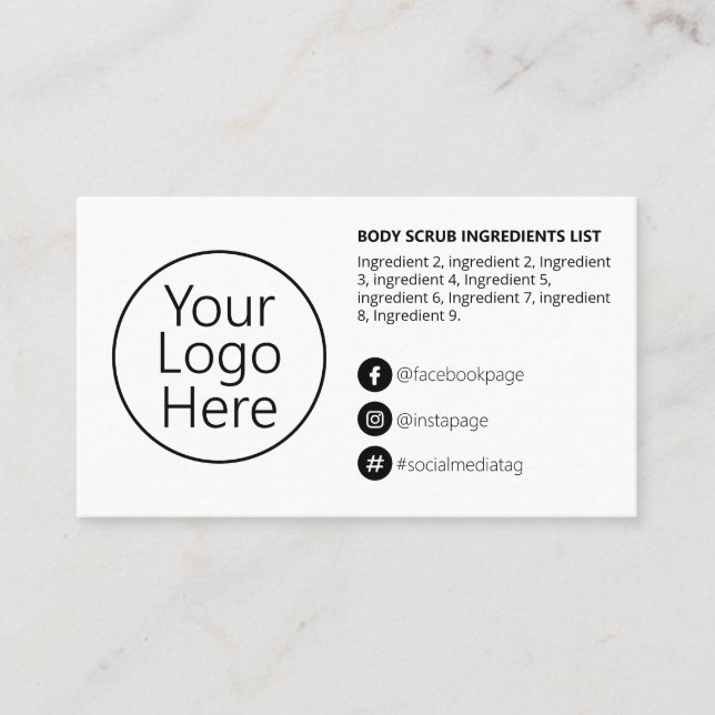 Einfache Schwarz-weiße Inhaltsstoffanleitung Logo Visitenkarte (Vorderseite)