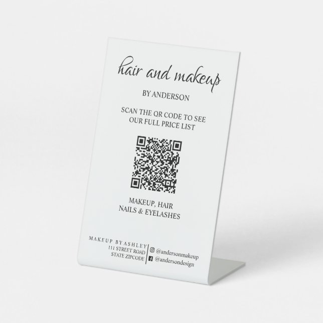 Einfache schwarz-weiße Makeup-Digital-QR-Preise  Sockelschild (Vorderseite)