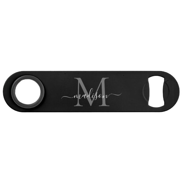 Einfache Schwarz-weiße Monogram Girly Elegante Scr Speed Flaschenöffner (Vorderseite (Horizontal))