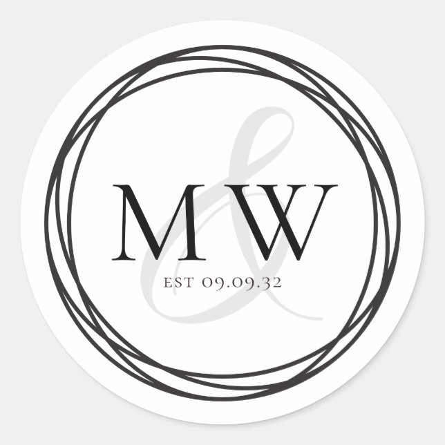 Einfache Schwarz-weiße Monogramm-Hochzeit Runder Aufkleber (Vorderseite)