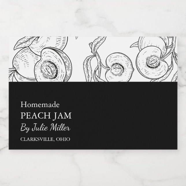 Einfache schwarz-weiße Pfirsiche Lebensmitteletikett (Einzelnes Label)