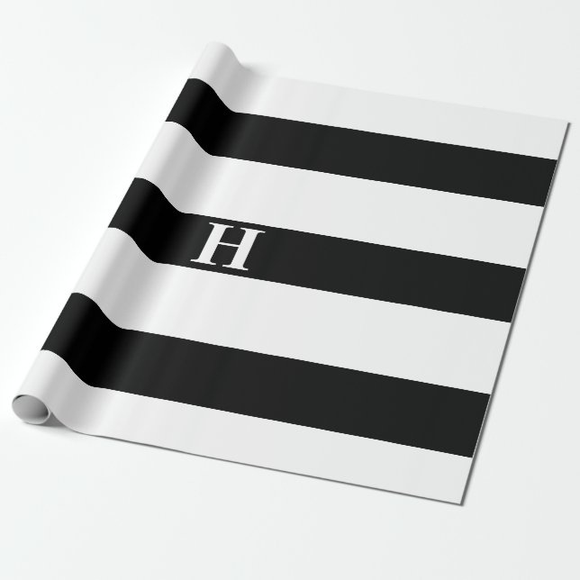 Einfache Schwarz-weiße Streifen Einfache Monogramm Geschenkpapier (Ungerollt)