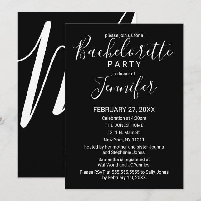 Einfache Schwarz-weiße Typografie Bachelorette Einladung (Vorne/Hinten)