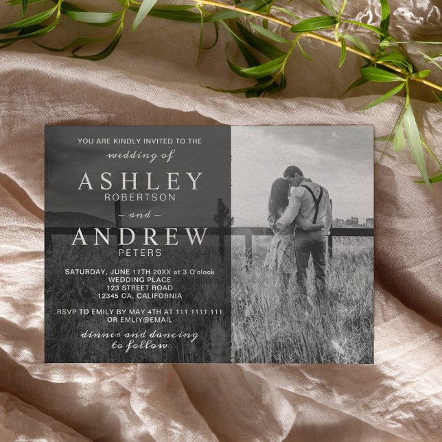 Einfache Schwarz-weiße und moderne Hochzeit im Fot Einladung (Von Creator hochgeladen)