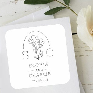 Einfache schwarze Blumen Weiße Paar-Monogramm-Hoch Quadratischer Aufkleber