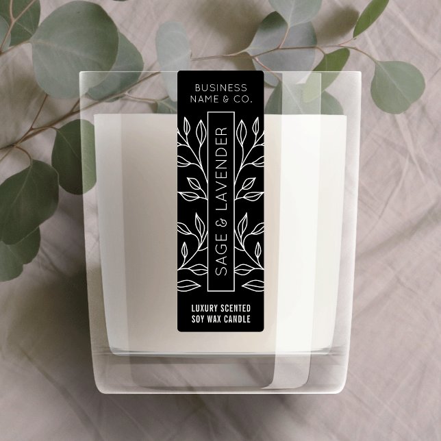 Einfache schwarze Blumenkerze Jar Thin Vertikal La Etiketten (Minimalist black floral skinny vertical jar label design great for candles, wax melts and more)