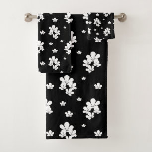 Einfache schwarze Blumenmuster winzige weiße Blume Badhandtuch Set