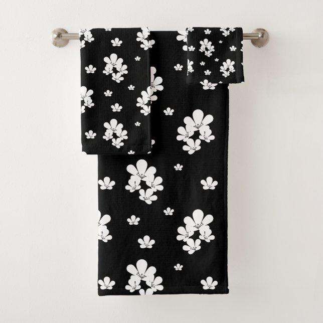 Einfache schwarze Blumenmuster winzige weiße Blume Badhandtuch Set (Insitu)