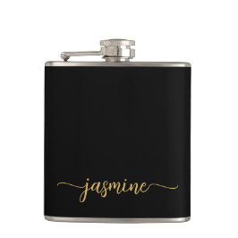 Einfache Schwarze Gold-Girly-Monogramm-Bezeichnung Flachmann
