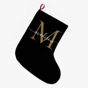 Einfache Schwarze Gold Monogram Elegante Girly Scr Großer Weihnachtsstrumpf