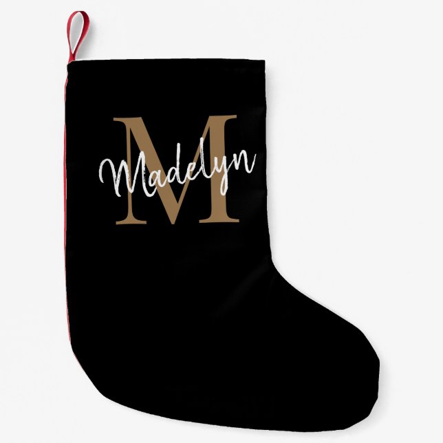 Einfache Schwarze Gold Monogram Elegante Girly Scr Kleiner Weihnachtsstrumpf (Vorderseite)