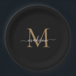 Einfache Schwarze Gold Monogram Feminine Script Na Pappteller<br><div class="desc">Einfache Schwarze Gold Monogram Feminine Script Name Paper Plate</div>