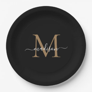 Einfache Schwarze Gold Monogram Feminine Script Na Pappteller